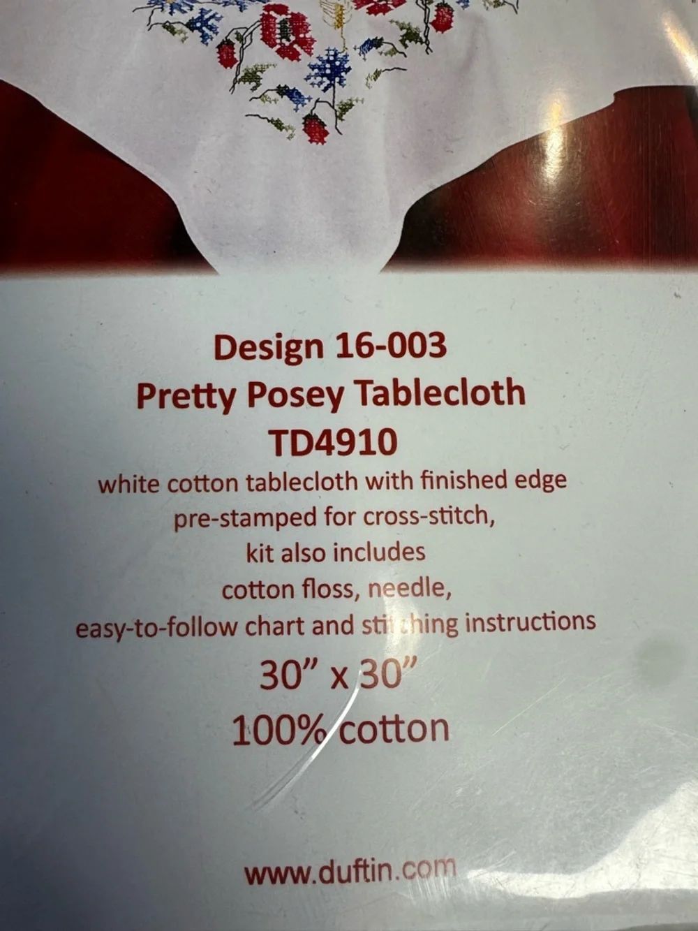 Duftin Pretty Posey White Tablecloth Cross Stitch Kit with Floss Embroidery